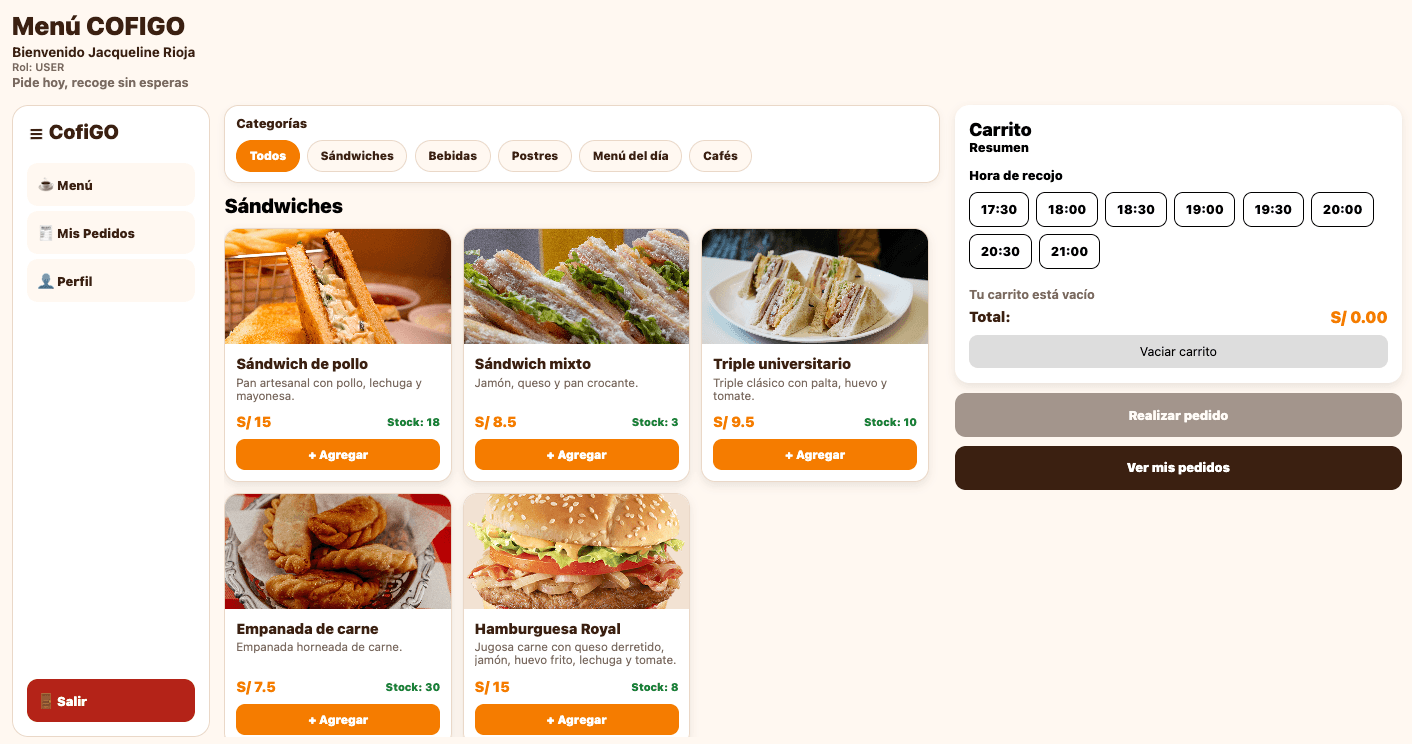 Menú de CofiGO con catálogo de productos, horarios de recojo y carrito