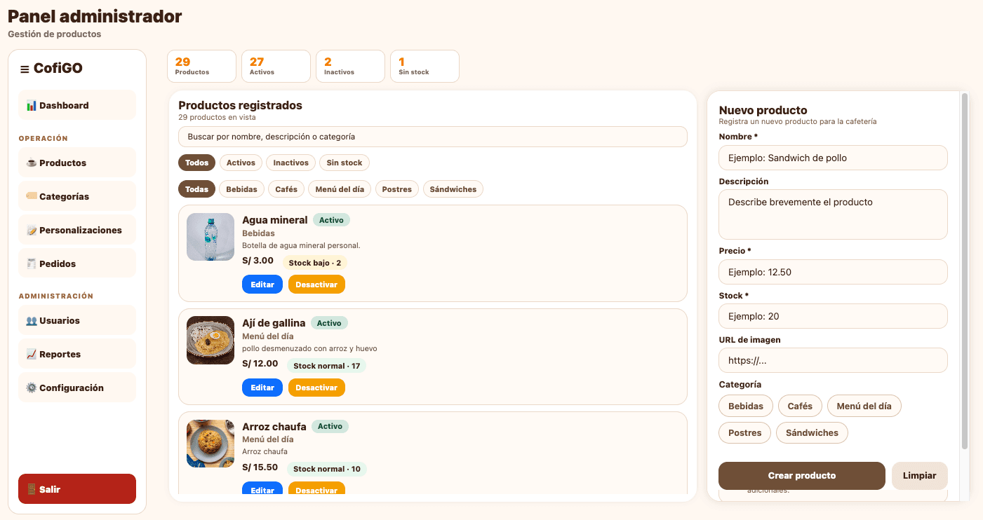 Panel administrador de CofiGO para la gestión de productos y operación de la cafetería